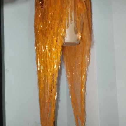 Orange Sparkly Crystal Fringe Bodysuit Off-Shoulder Stage Performance Costume Leotard