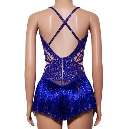 Rhinestone Fringe Bodysuit with Cutout Mesh Panels