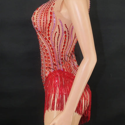 Sparkly Rhinestone, Sequin & Fringe Sleeveless Bodysuit Stage Performance Costume