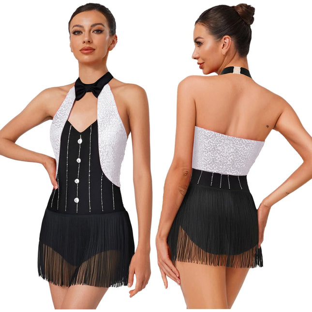 The Stardust Tuxedo Tassel Bodysuit – Luxury Sequins & Rhinestone Showgirl Leotard
