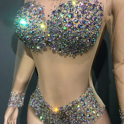 Sparkly AB Rhinestone Sheer Mesh Bodysuit & Stage Performance Costume
