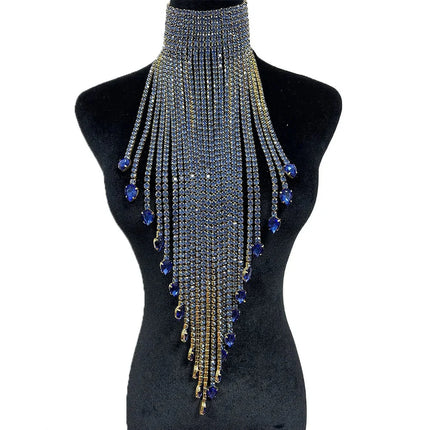 Luxury Rhinestone Long Tassel Statement Choker – Waist-Length Crystal Drop Necklace for Weddings, Galas & High-Fashion Clubwear