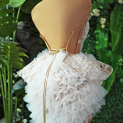 Sparkly White Pearl Sequin Tube Top & Feather Mini Skirt 2-Piece Stage Costume Set