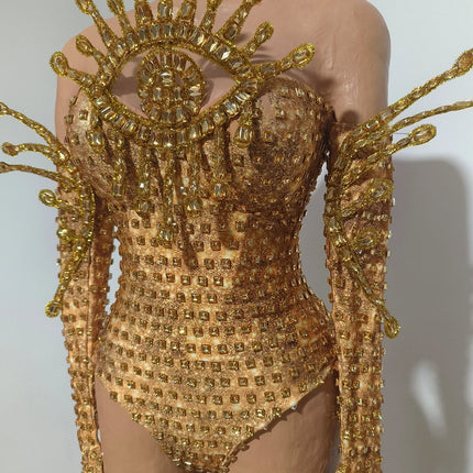 Vintage-Inspired Sparkly Rhinestones Gold Bodysuit Gloves Set