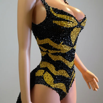Prismatic Crystal Cutout High-Cut Bodysuit Sparkly Geometric Rhinestone Stage Costume