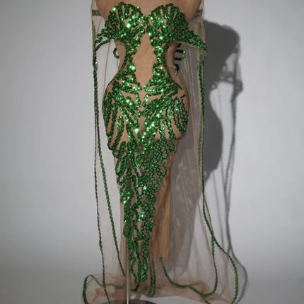 Sparkly Green Sequin Sheer Mesh Evening Gown with Cloak Stage Performance Costume