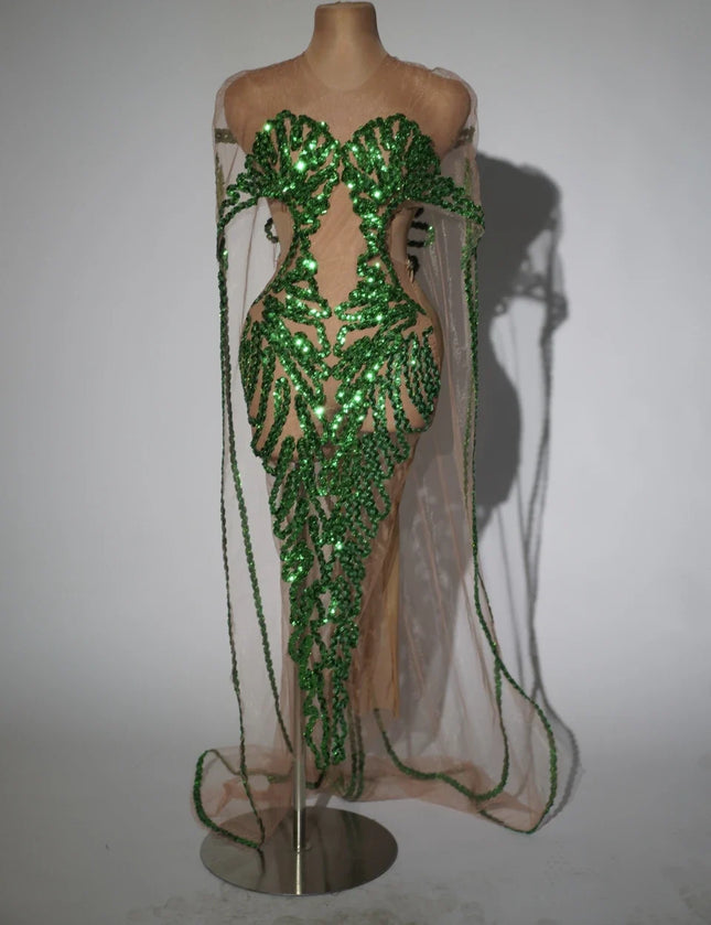Sparkly Green Sequin Sheer Mesh Evening Gown with Cloak Stage Performance Costume