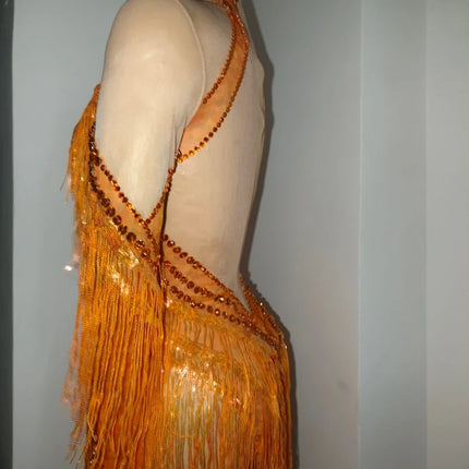 Orange Sparkly Crystal Fringe Bodysuit Off-Shoulder Stage Performance Costume Leotard