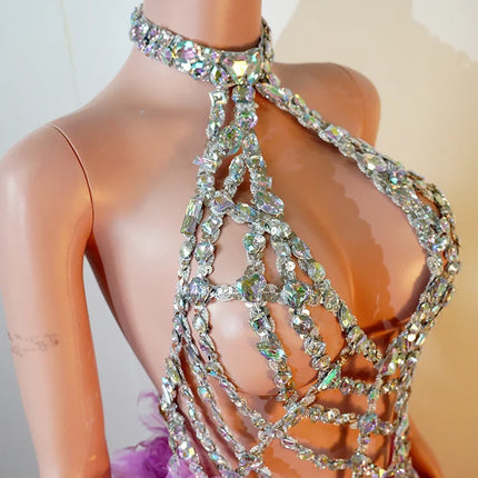 Purple Spiderweb Rhinestone Halter Bodysuit & Trailing Ruffle Tulle Skirt 2-Piece Stage Costume Set