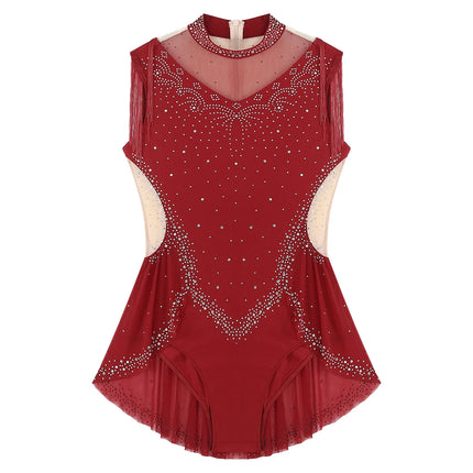 Rhinestone Mock Neck Mesh Tassel Leotard