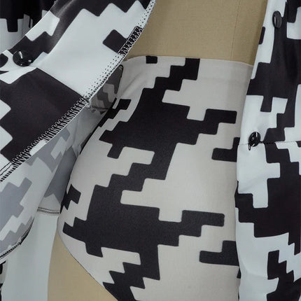 Houndstooth Geometric Print Bodysuit, Over-Knee Boots & Statement Hat 3-Piece Stage Costume Set