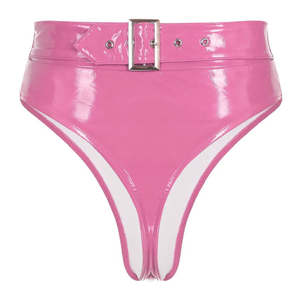 High-Waist Patent Leather Wet-Look Briefs with Adjustable Back Buckle Belt