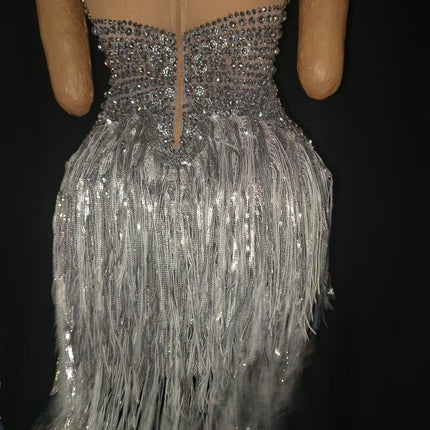 The Stardust Lumina Illusion – Silver Rhinestone & Tassel Performance Bodysuit