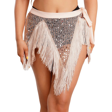Glitter Sequin Fishnet Mesh Hip Scarf & Tassel Waist Wrap Belly Dance Skirt