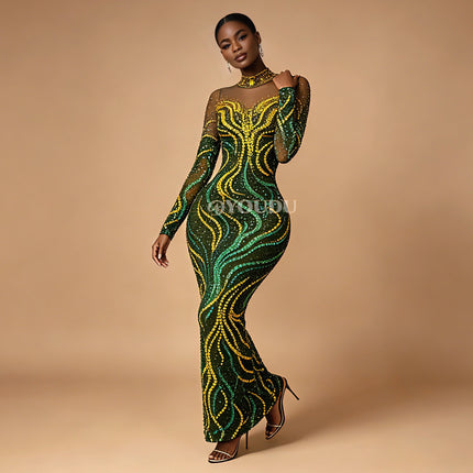 Gold & Emerald Swirl Rhinestone Illusion Maxi Gown Long Sleeve Floor-Length Evening Dress