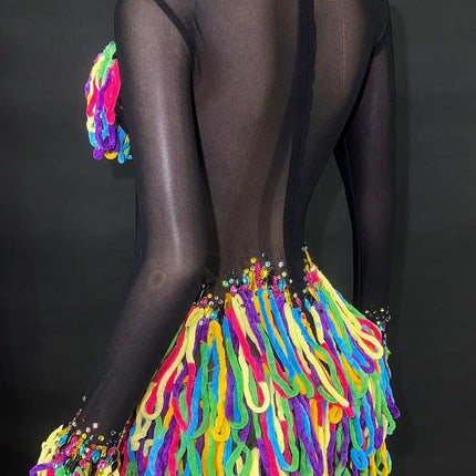 Rainbow Crystal Rhinestone Bodysuit Cascading Fringe Tassel Long-Sleeve Stage Costume