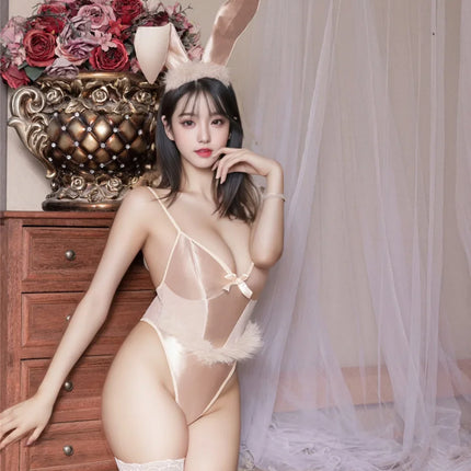 Backless Hollow-Out High-Cut Bunny Girl Bodysuit with Headwear Role Play Costume Set