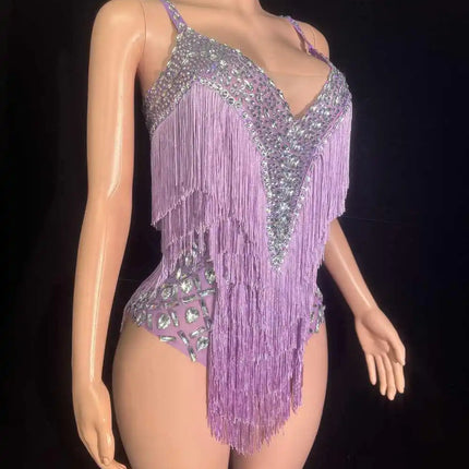 Sparkly Rhinestone & Tassel V-Neck Bodysuit Stage Performance Costume