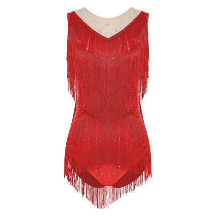 Sparkly Rhinestone & Tassel Fringe Latin Dance Leotard Crew Neck Bodysuit