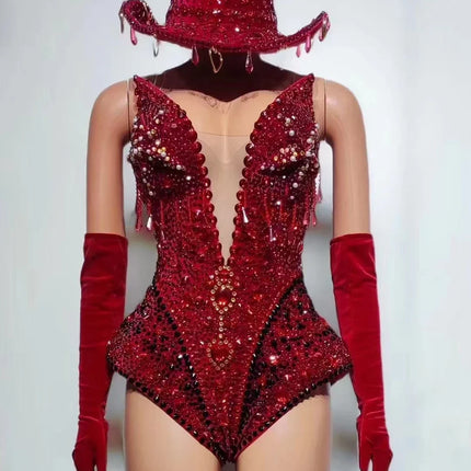The Stardust Scarlet Siren – Sparkling Rhinestone Deep V Bodysuit, Gloves & Hat Set