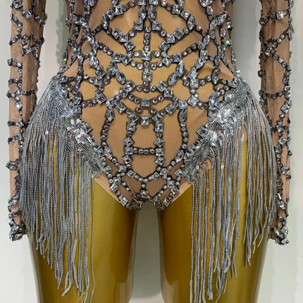 The Stardust Diamond Fringe Bodysuit – Luxury Rhinestone Mesh Stage Costume