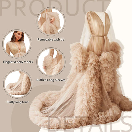 Voluminous Illusion Tulle Ruffle Long Robe Dressing Gown
