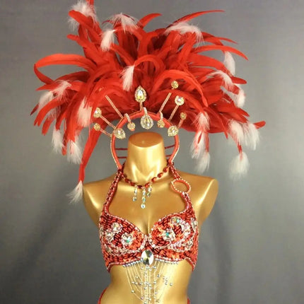 Samba Queen Rio Carnival Costume Set with Feather Headdress & Accessories