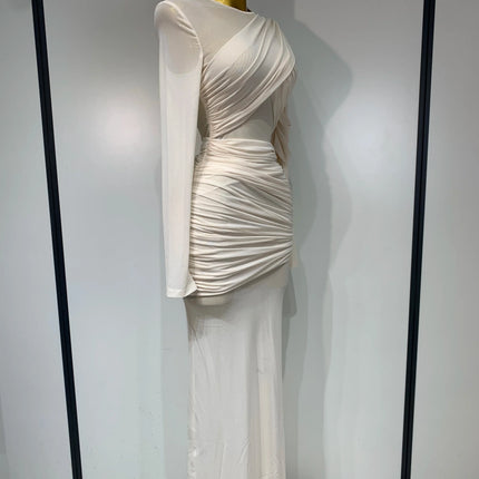 Ruched Mesh Draped Bodycon Maxi Dress Long Sleeve Illusion Evening Gown