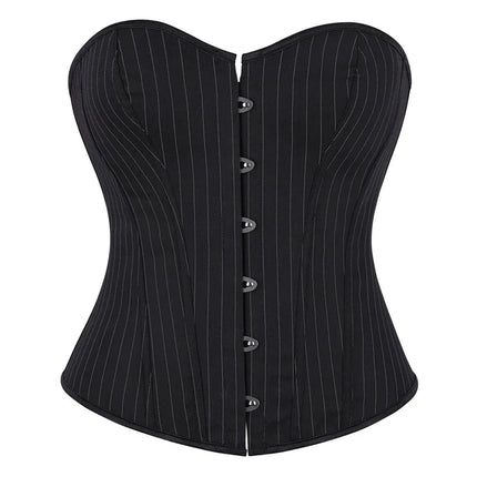 Black Striped Overbust Corset Top Zipper Front Lace-Up Bustier Body Shaper
