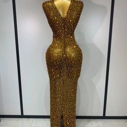 Sparkly Rhinestone Sleeveless Maxi Long Dress See-Through Sheer Mesh Stage Outfit