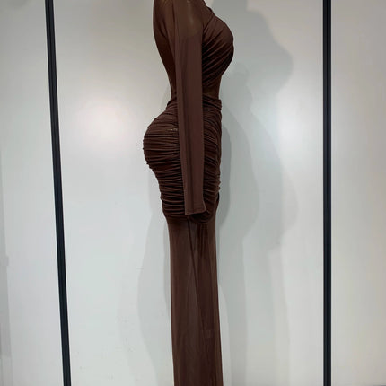 Ruched Mesh Draped Bodycon Maxi Dress Long Sleeve Illusion Evening Gown