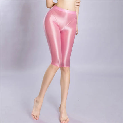 Women's Oil Glossy Sheer High-Waist Shaping Shorts Satin Smooth Leggings