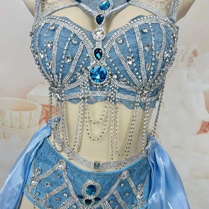 Sapphire Blue Rhinestone Bikini & Micro Skirt 2-Piece Stage Dance Costume Set