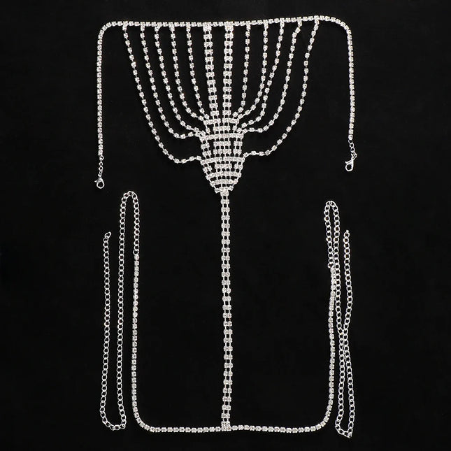 Geometric Rhinestone Tassel Thong Body Chain – Luxury Crystal Lingerie & Shimmering Waist Harness for Raves, Festivals & Beachwear