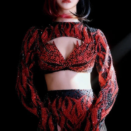 Crimson Red Crystal Cutout Crop Top & Shorts 2-Piece Stage Dance Costume Set