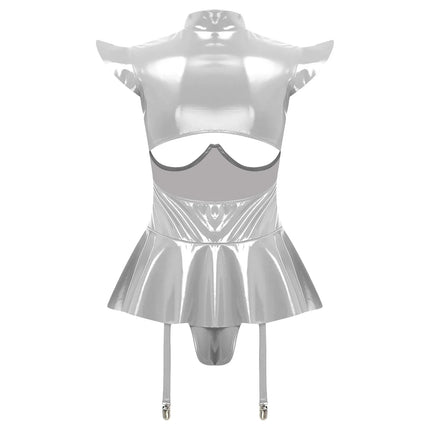 Glossy Wet-Look Halter Romper Bodysuit with Flared Skirt Hem & Integrated Garters