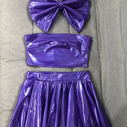 Patent Leather Bow Bralette, Pleated Mini Skirt & Headband 3-Piece Stage Dance Costume Set