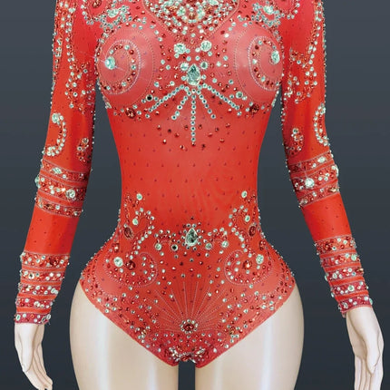 Sparkly Crystals Long-Sleeve Mesh Bodysuit Stage Performance Costume