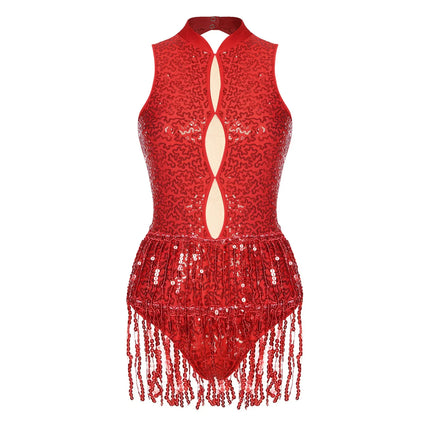 Glitter Sequin Fringe Latin Dance Leotard & Backless Performance Bodysuit