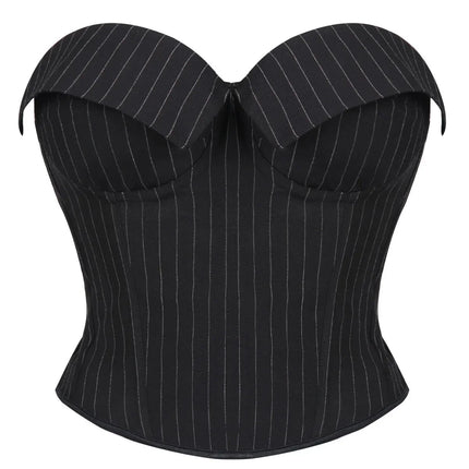 Black Striped Overbust Corset Top Zipper Front Lace-Up Bustier Body Shaper
