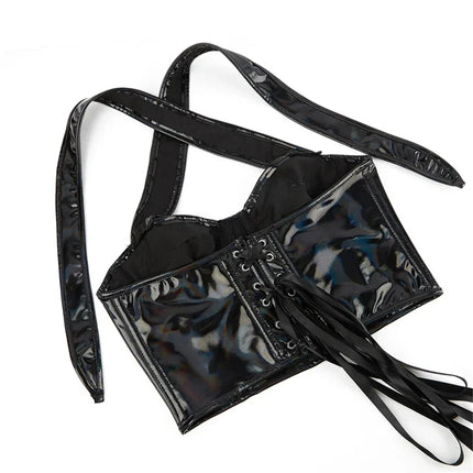 Black Shiny PU Leather Halter Corset Crop Top Push-Up Bustier Gothic Bra