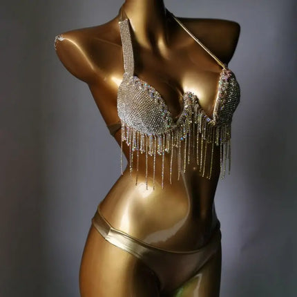 High-Fashion Crystal Mesh Bikini Set – Dazzling Rhinestone Bling Swimsuit & Showgirl Swimwear for Stage Performances & Raves