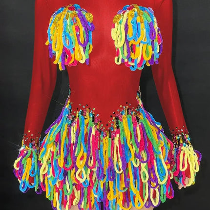 Rainbow Crystal Rhinestone Bodysuit Cascading Fringe Tassel Long-Sleeve Stage Costume