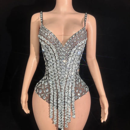 Sparkly Rhinestone Sequin Tassel Bodysuit Stage Performance Dance Leotard