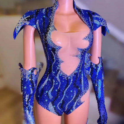parkly Rhinestone Bodysuit Set Showgirl Stage Dance Costume with Gloves & Hat