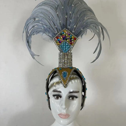 The Stardust Dionysia – Silver & Charcoal Feather Carnival & Masque Ball Headdress