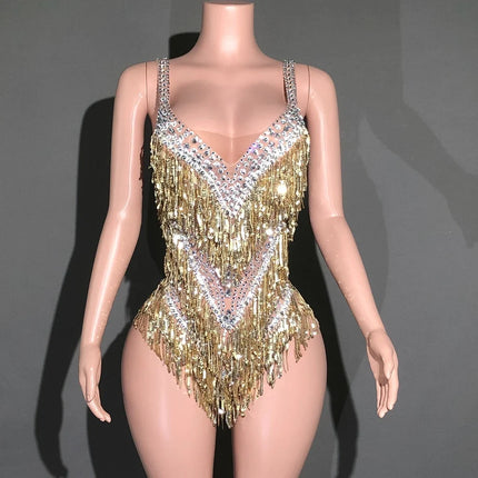 Sparkly Rhinestone & Tassel Bodysuit Stage Performance Dance Costume