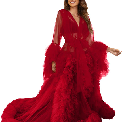 Voluminous Illusion Tulle Ruffle Long Robe Dressing Gown