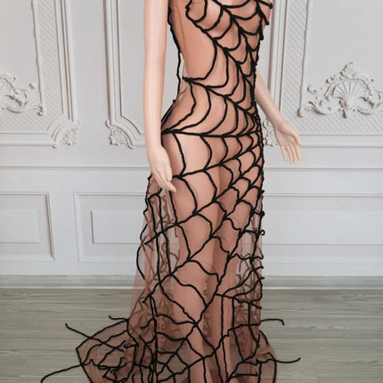 Dramatic Spider Web Crystal Mesh Floor-Length Sheath Dress Stage Costume