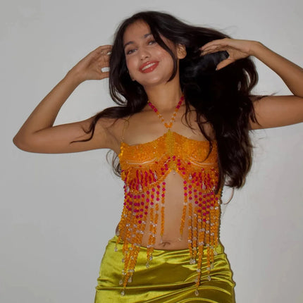 Handmade Multilayer Beaded Bra Chain & Vibrant Sunset Chest Harness